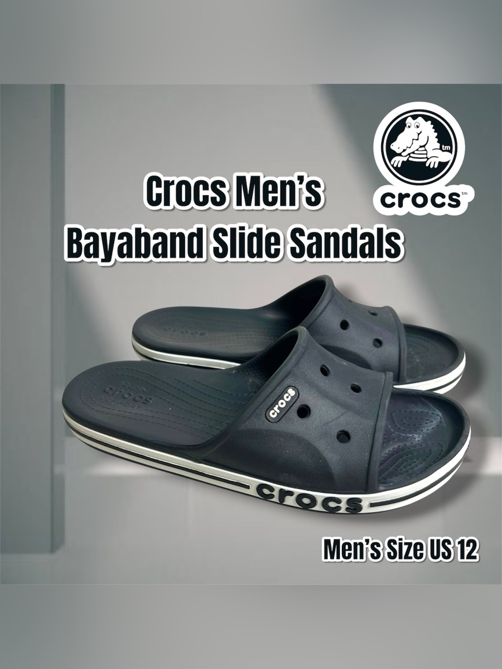 Crocs Men’s Bayaband Slide Sandals Size US 12 Black / White, 205392-066 NWT
